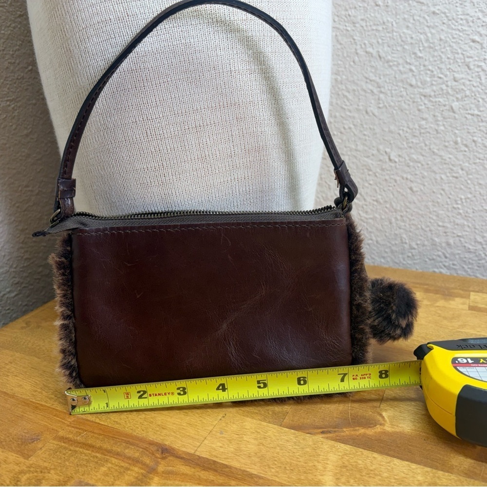 Patricia Nash Brown Leather Faux Fur Trim Mini Bag Pouch Pom Pom - Picture 6 of 7